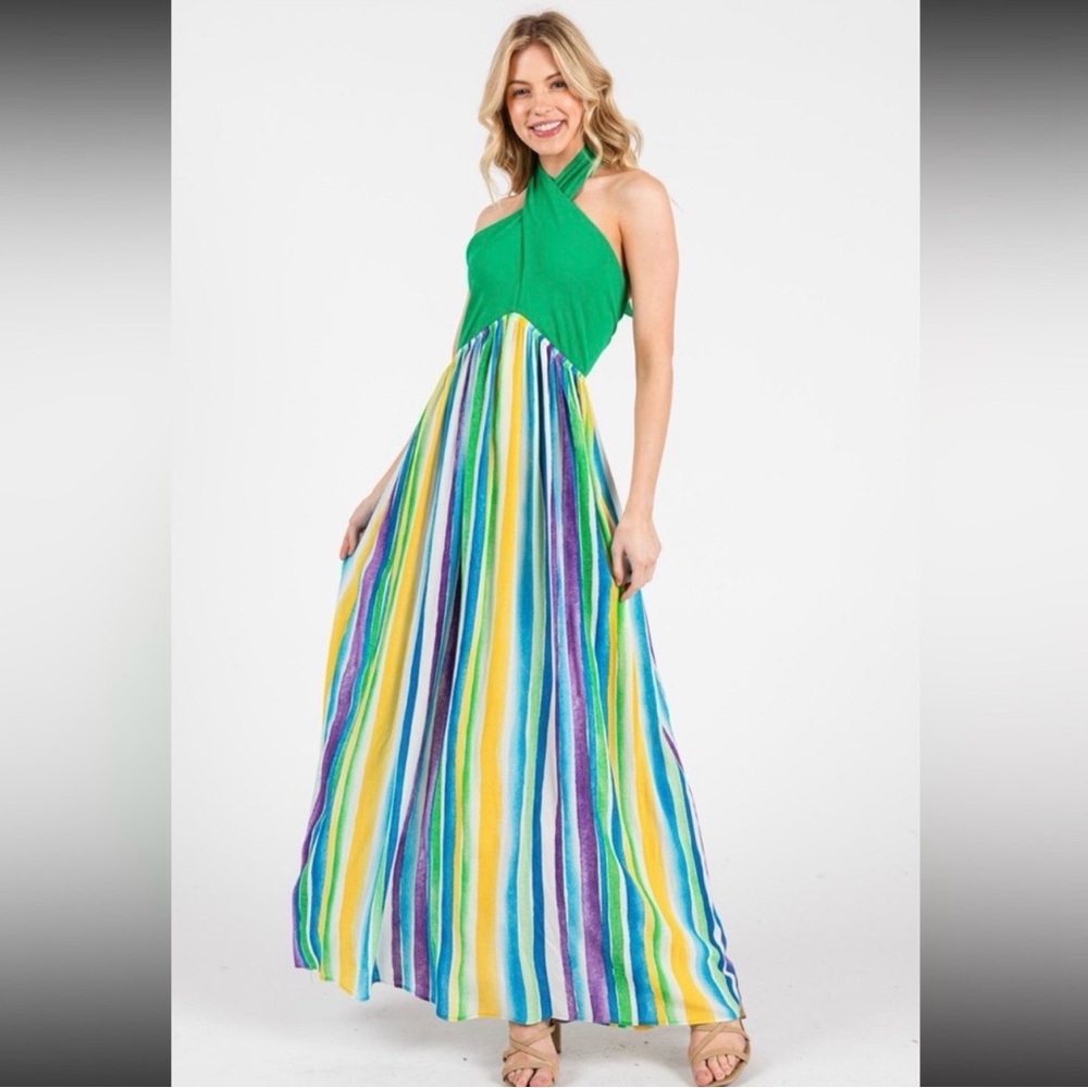 Ces Femme Green Halter Dress with Colorful Stripes